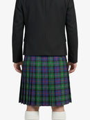 Person wearing a black jacket and a plaid kilt on a white background