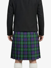 Person wearing a black jacket and a plaid kilt on a white background