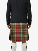 Person wearing a dark jacket and plaid kilt on a white background