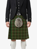 Person wearing a traditional Scottish kilt with a visible tartan pattern on a white background