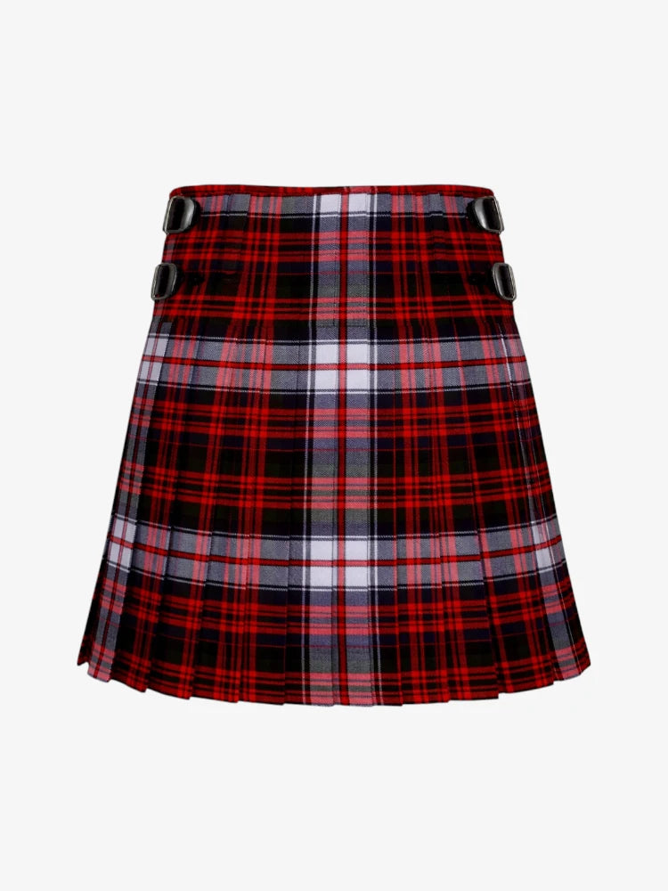 Red and black plaid kilt with buttons on a white background