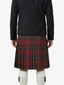 Person wearing a black jacket and red plaid kilt on a white background