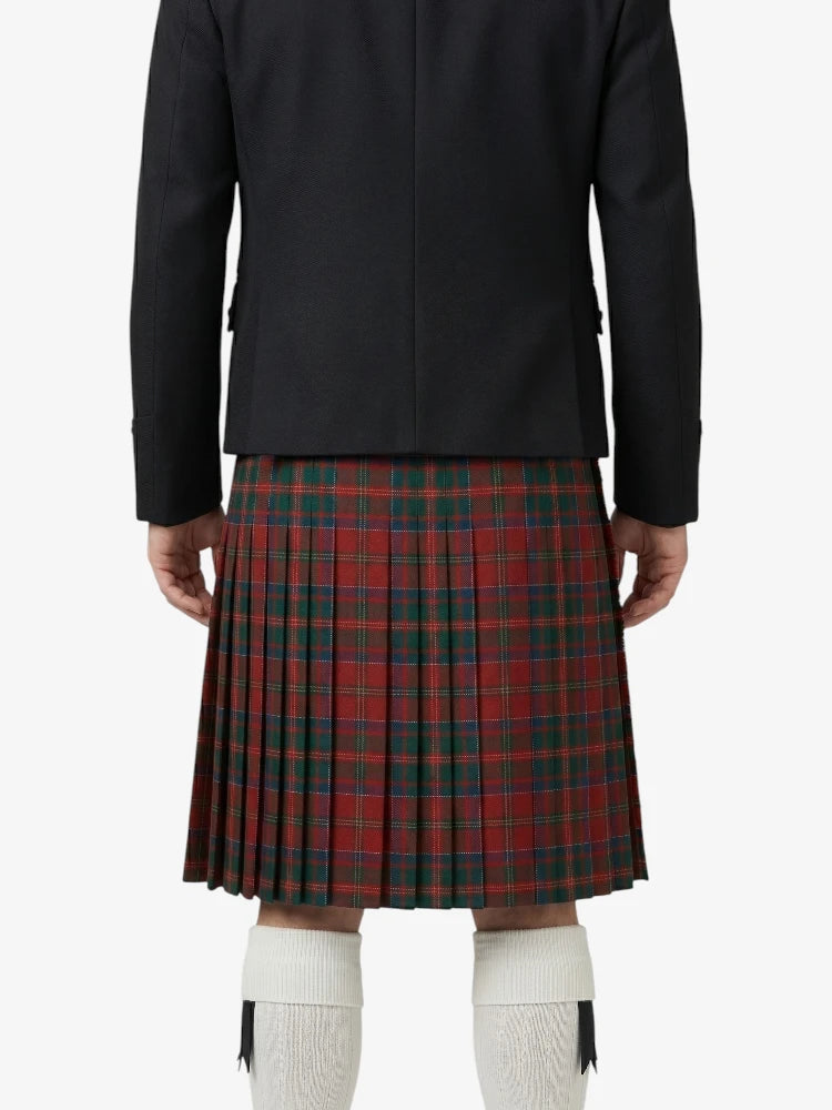 Person wearing a black jacket and red plaid kilt on a white background
