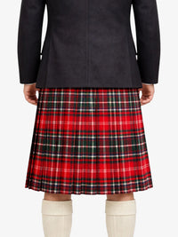 Person wearing a black jacket and red plaid kilt on a white background