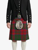 Person wearing a traditional Scottish kilt with a tartan pattern on a white background