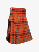 Plaid kilt with orange, blue, and green pattern on a white background