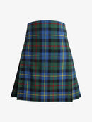 Plaid kilt with green, blue, and red pattern on a white background