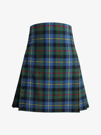 Plaid kilt with green, blue, and red pattern on a white background
