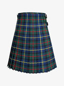 Plaid kilt with green, blue, and red pattern on a white background