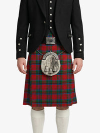 Person wearing a black jacket with silver buttons and a red plaid kilt on a white background