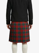 Person wearing a black coat and red plaid kilt on a white background