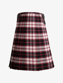 Plaid kilt with black, red, and white pattern on a light gray background