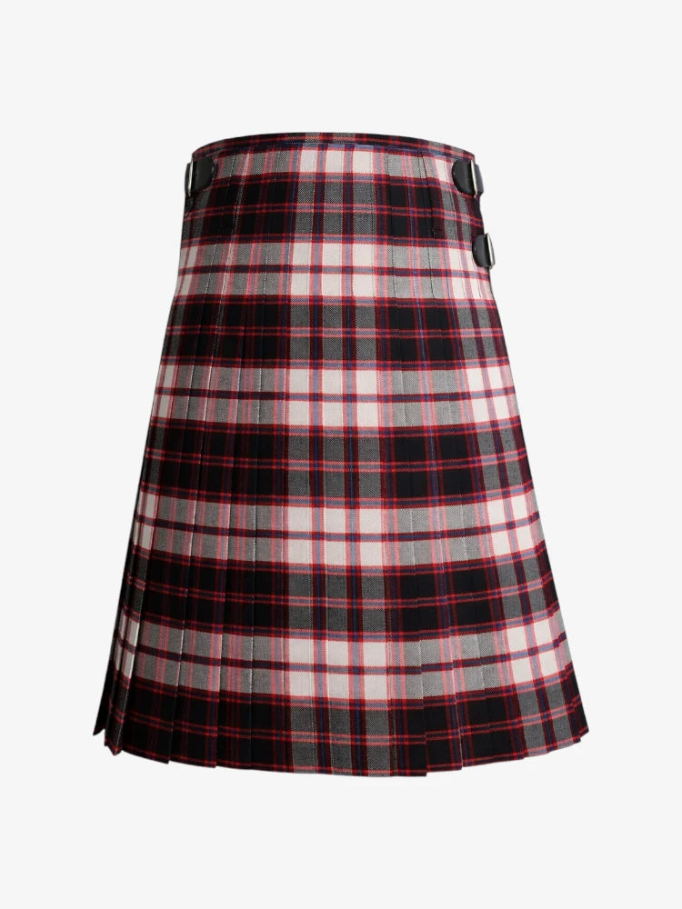 Plaid kilt with black, red, and white pattern on a light gray background