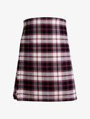 Plaid kilt with black, red, and white pattern on a white background