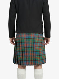 Person wearing a black jacket and plaid kilt on a white background