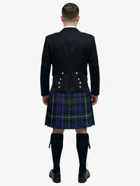 Person wearing a black prince charlie jacket and plaid mackenzie tartan kilt on a white background