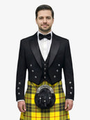 Man wearing a black prince charlie jacket with a macleod of lewis tartan plaid kilt on a white background