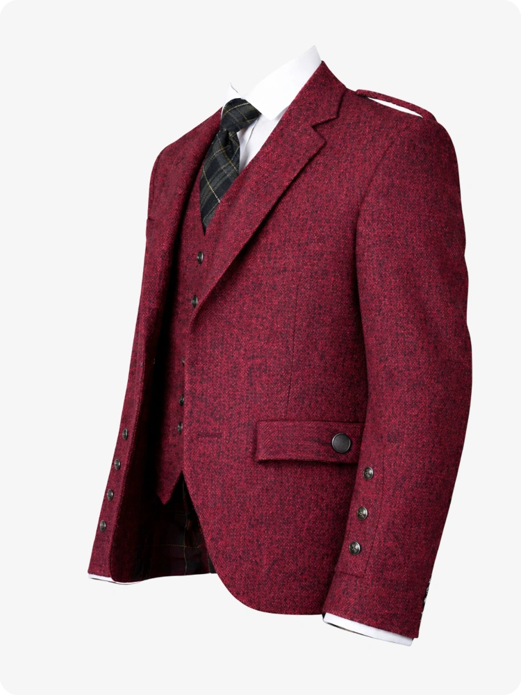 Magenata blazer with a plaid shirt and tie on a white background