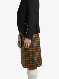 Person wearing a black jacket and red plaid kilt on a white background
