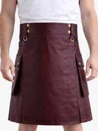 Maroon Genuine Leather Utility Kilt with Cargo Pockets & D-Rings