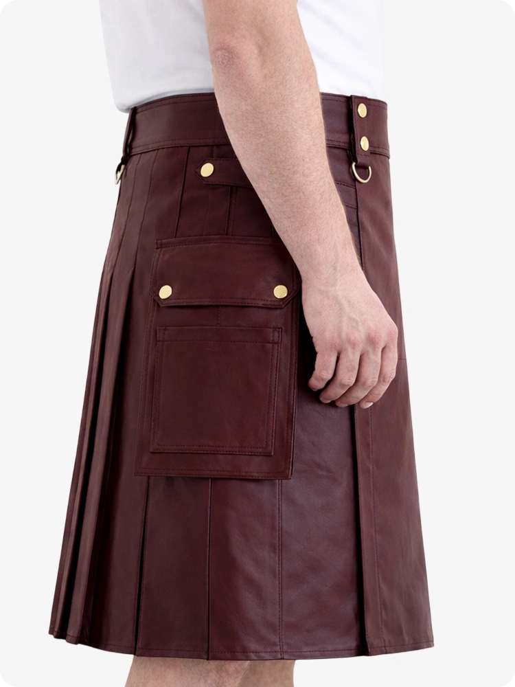 Maroon Genuine Leather Utility Kilt with Cargo Pockets & D-Rings