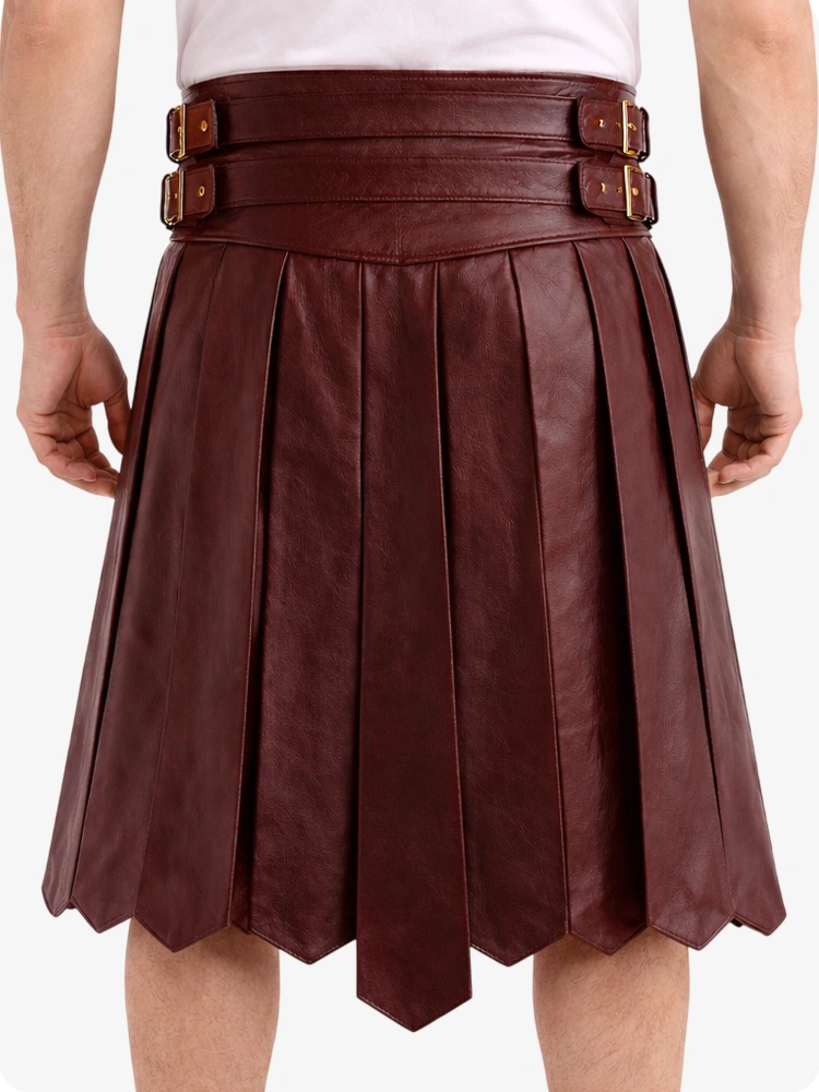 Maroon pleated skirt with belt on a white background