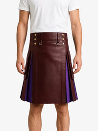 Maroon Leather Kilt With Purple Pleats