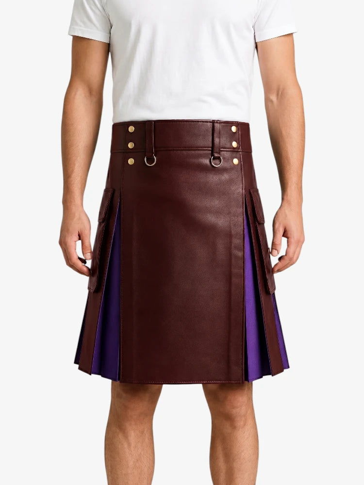 Maroon Leather Kilt With Purple Pleats