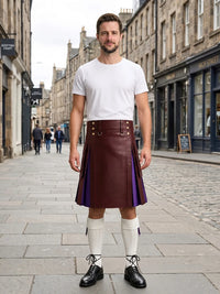 Maroon Leather Kilt With Purple Pleats Front SIde