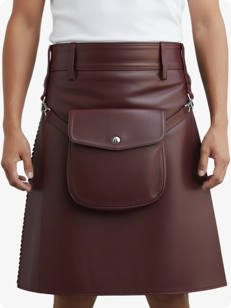 Kilt in pelle pieghettato maroon con passanti cintura e cinghie laterali