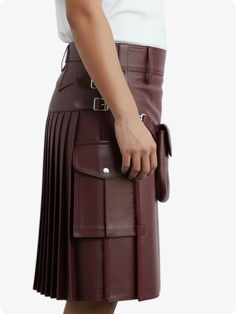 Kilt in pelle pieghettato maroon con passanti cintura e cinghie laterali