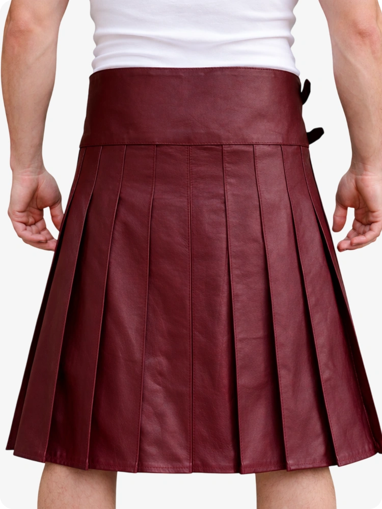 Maroon Leather Utility Kilt with Front Pocket & Adjustable Buckle Straps