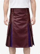 Maroon leather kilt with purple accents on a plain background