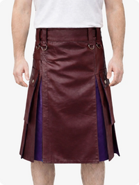 Maroon leather kilt with purple accents on a plain background