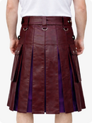 Maroon leather kilt worn by a person on a white background
