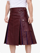 Person wearing a maroon leather kilt on a white background