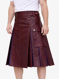 Person wearing a maroon leather kilt on a white background
