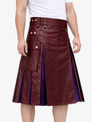 Maroon leather kilt with purple lining worn by a person on a white background