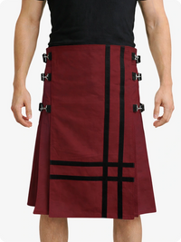 Maroon Leather Utility Kilt with Side Buckles & Pleated Back