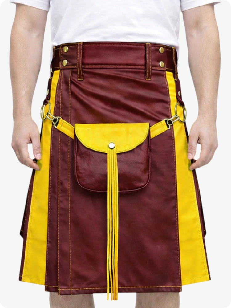 Maroon Leather Utility Kilt with Yellow Accents & Detachable Pockets