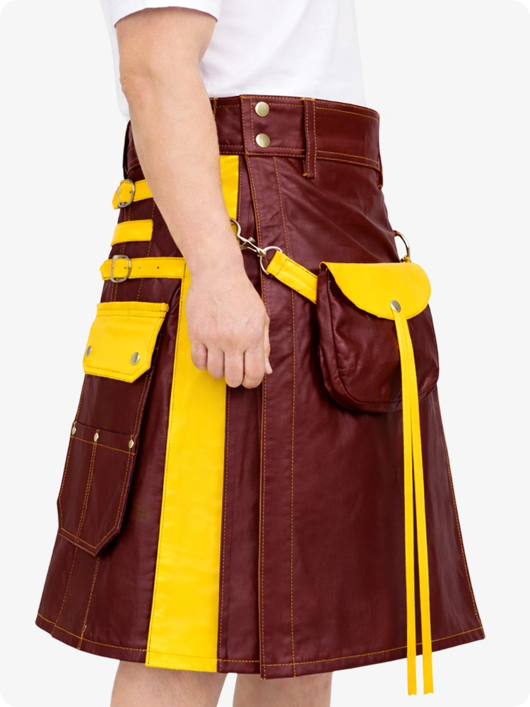 Maroon Leather Utility Kilt with Yellow Accents & Detachable Pockets