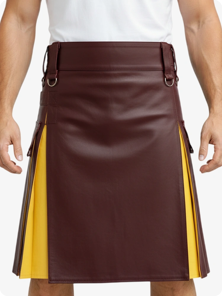 Kilt in pelle marrone rossastro e giallo con tasche cargo