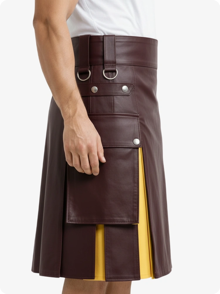 Kilt in pelle marrone rossastro e giallo con tasche cargo