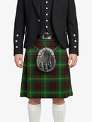 Person wearing a traditional Scottish kilt with a sporran on a white background