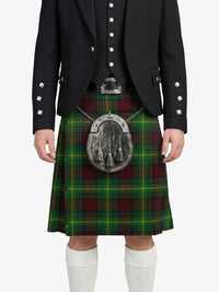 Person wearing a traditional Scottish kilt with a sporran on a white background