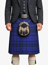 Person wearing a blue plaid kilt with a gray jacket and white socks on a white background