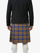 Person wearing a black jacket and blue and orange plaid kilt on a white background