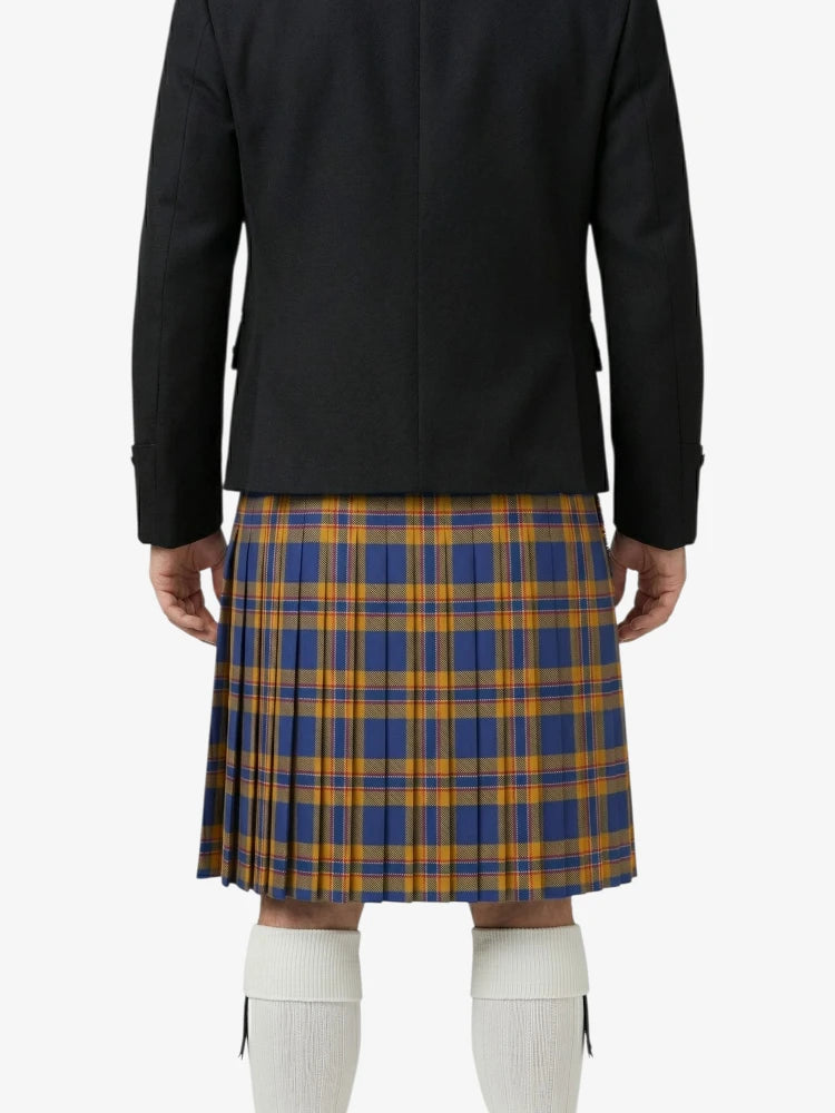 Person wearing a black jacket and blue and orange plaid kilt on a white background