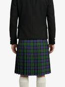 Person wearing a black coat and a plaid kilt on a white background