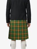 Person wearing a black jacket and green plaid kilt on a white background